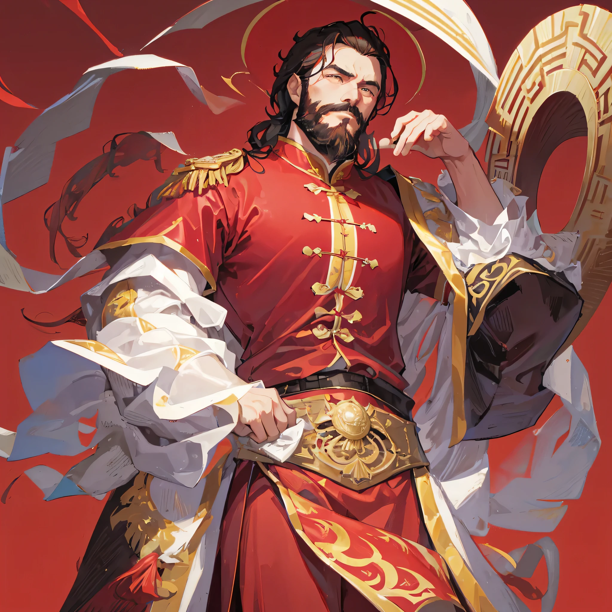 A bearded Chinese monarch,,Scoundrel,majesty,Wear gorgeous clothes,((Pure red background))