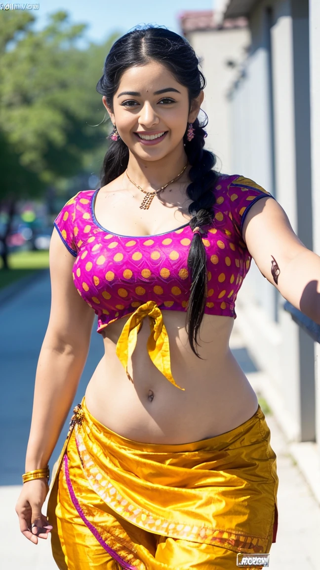 HD wallpaper 32k cinematic shoot of a Beautiful cute Rashmika Mandanna, with thick thighs and a curvy waist, twin braids,  wearing an Indian blouse top, horny, seductively, in a school corridor, dotted blouse top, smiling, ((long curvy waist)), ((lowwaist)), ((curvy waist))