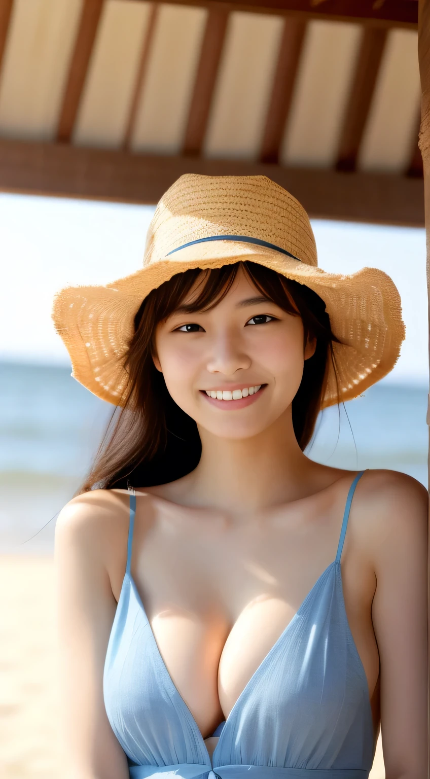 masterpiece,best quality,(Japanese ),((Beautiful girl)),cleavage,(perfect body beauty:1.2),(shy smile),beautiful teeth,(straw hat),(seaside),