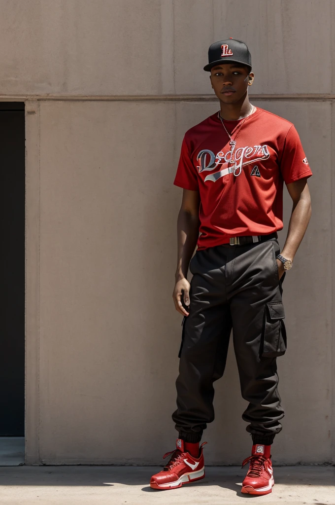 Boy with light brown skin, one meter seventy-seven tall, 94 kilos, Jordan retro 4 red thunder shoes, black cargo pants, red t-shirt and black Los Angeles Dodgers baseball cap