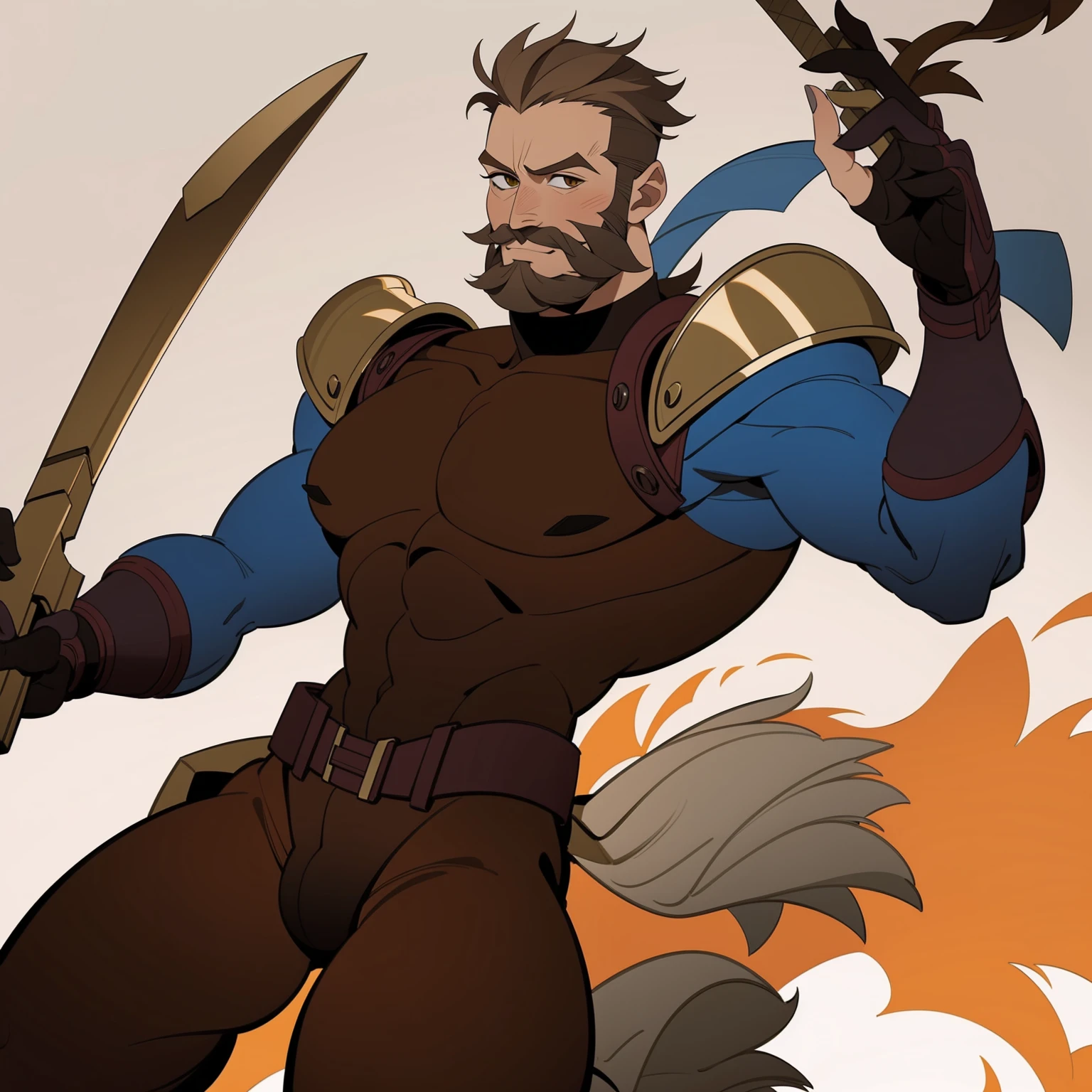 solo Male, muscular, White short hair, brown short beard, brown leather armor, wielding a pistol.