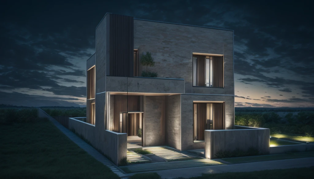 photorealistic, modern house,facade,modern,512k,high detailed, photoreal, award winning, large glass window on the right side, grass, plants, trees, evening, interior lights,(( travertine stone façade))
award winning, extremely detailed,