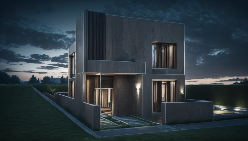 photorealistic, modern house,facade,modern,512k,high detailed, photoreal, award winning, large glass window on the right side, grass, plants, trees, evening, interior lights,(( travertine stone façade))
award winning, extremely detailed,