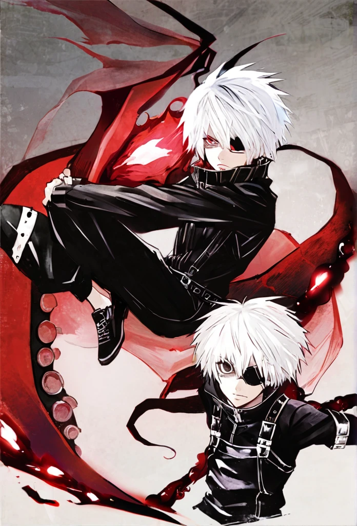 ```
ken kaneki, Tokyo Ghoul, white hair, black outfit, eyepatch, half-ghoul, serious expression, red kakugan eye, kagune tentacles, detailed face, high quality、Overall view、Uplifting、Cold-like sensation、Acrobatic

```