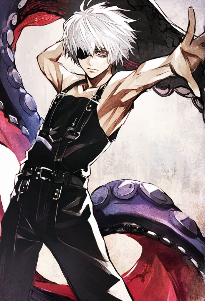 ```
ken kaneki, Tokyo Ghoul, white hair, black outfit, eyepatch, half-ghoul, serious expression, red kakugan eye, kagune tentacles, detailed face, high quality、Overall view、Uplifting、Cold-like sensation、Acrobatic

```