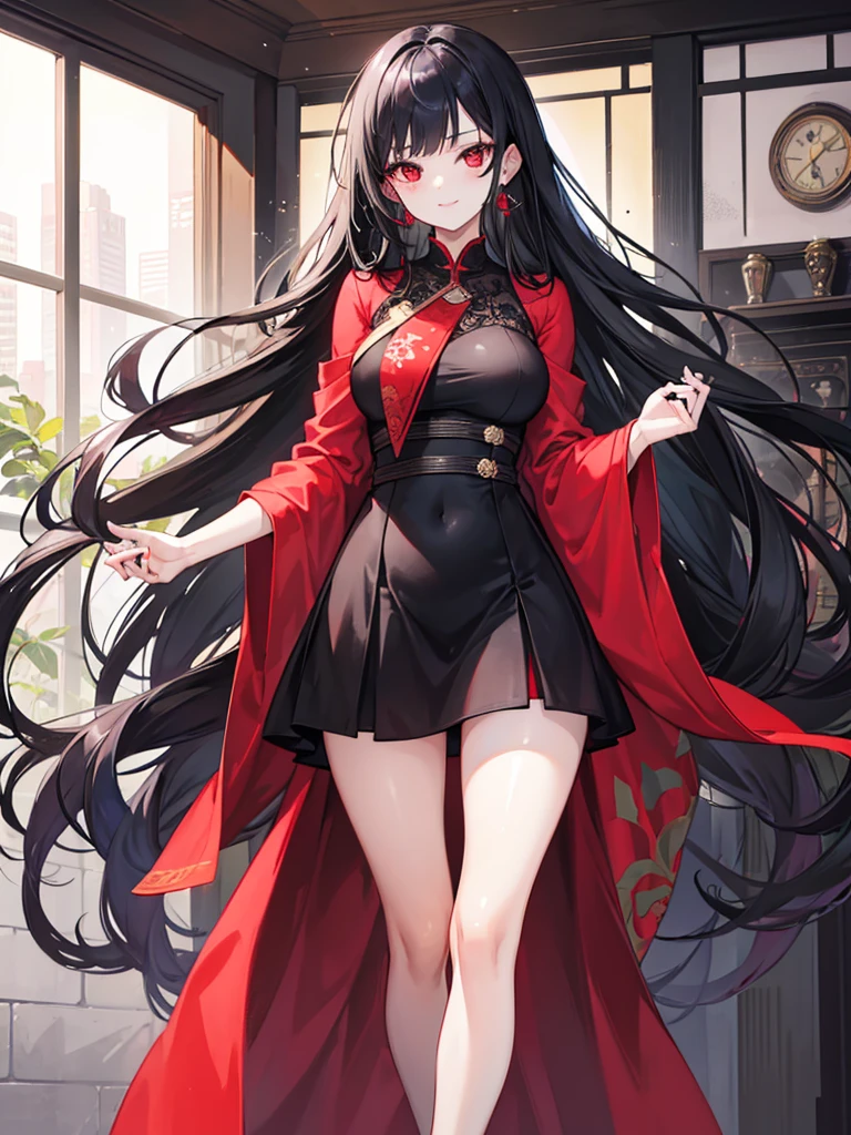 woman, red eyes, long curry wauy black hair, arrogant, independent woman. smile. wear dress, she is noble.
