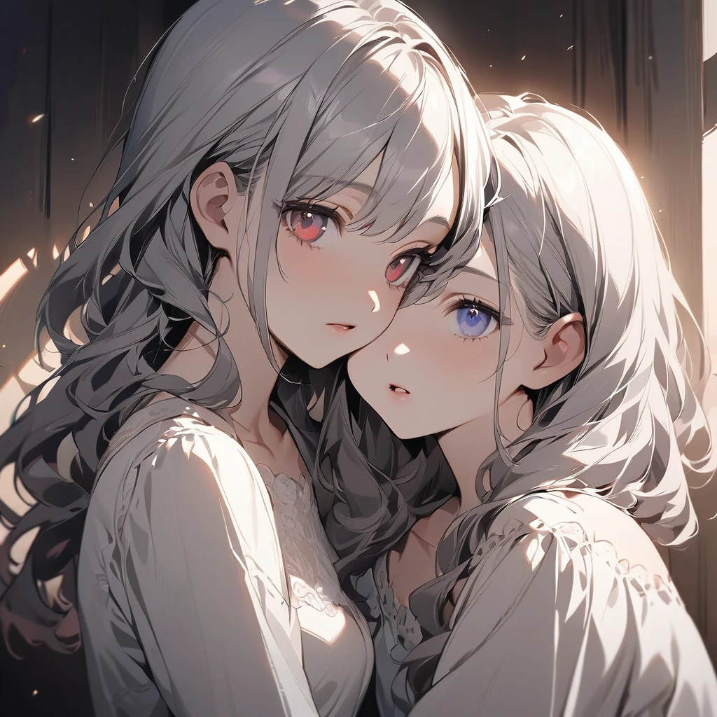 (Cute two girls:1.5),
(masterpiece:1.3), anime visual, (tilt head:1.3), extremely delicate face, realistic lighting and shading, (an extremely delicate and beautiful art:1.3), (muted colors:1.1),BREAK,one girl with pale-purple wavy blunt hair and red eyes,other girl with pale-silver hair and blue eyes,one girl hugs the other girl tenderly from behind,one girl kisses her nape while looking at the other girl,the other girl opens her mouth and looks at viewer,