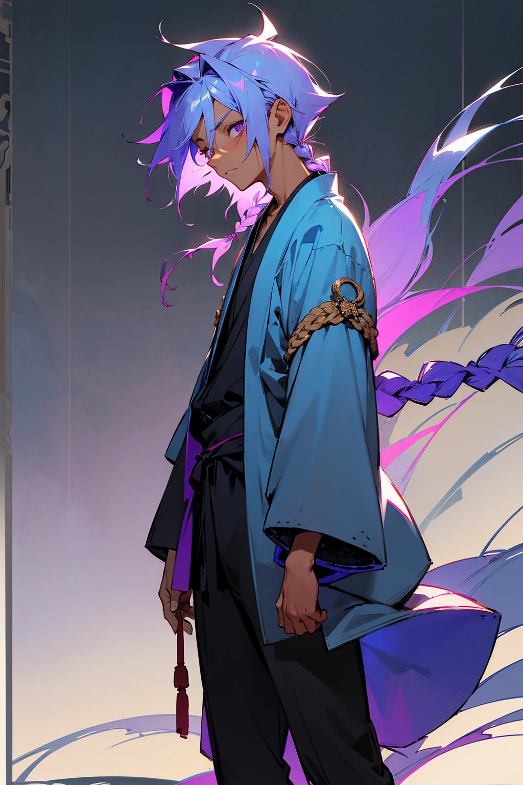 1male, tan skin, ager, blind eyes, light blue hair, dark purple hair, half blue half purple hair, one braid in back, bored expression, open black and white ukata, old japanese background, , detailed background, detailed face, standing on path, hand to side