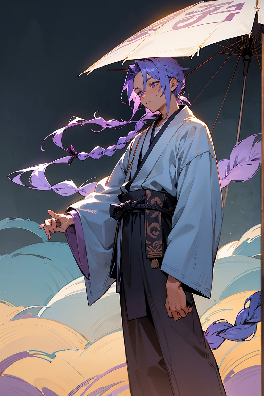 1male, tan skin, teenager, blind eyes, light blue hair, dark purple hair, half blue half purple hair, one braid in back, bored expression, open black and white ukata, old japanese background, , detailed background, detailed face, standing on path, hand to side