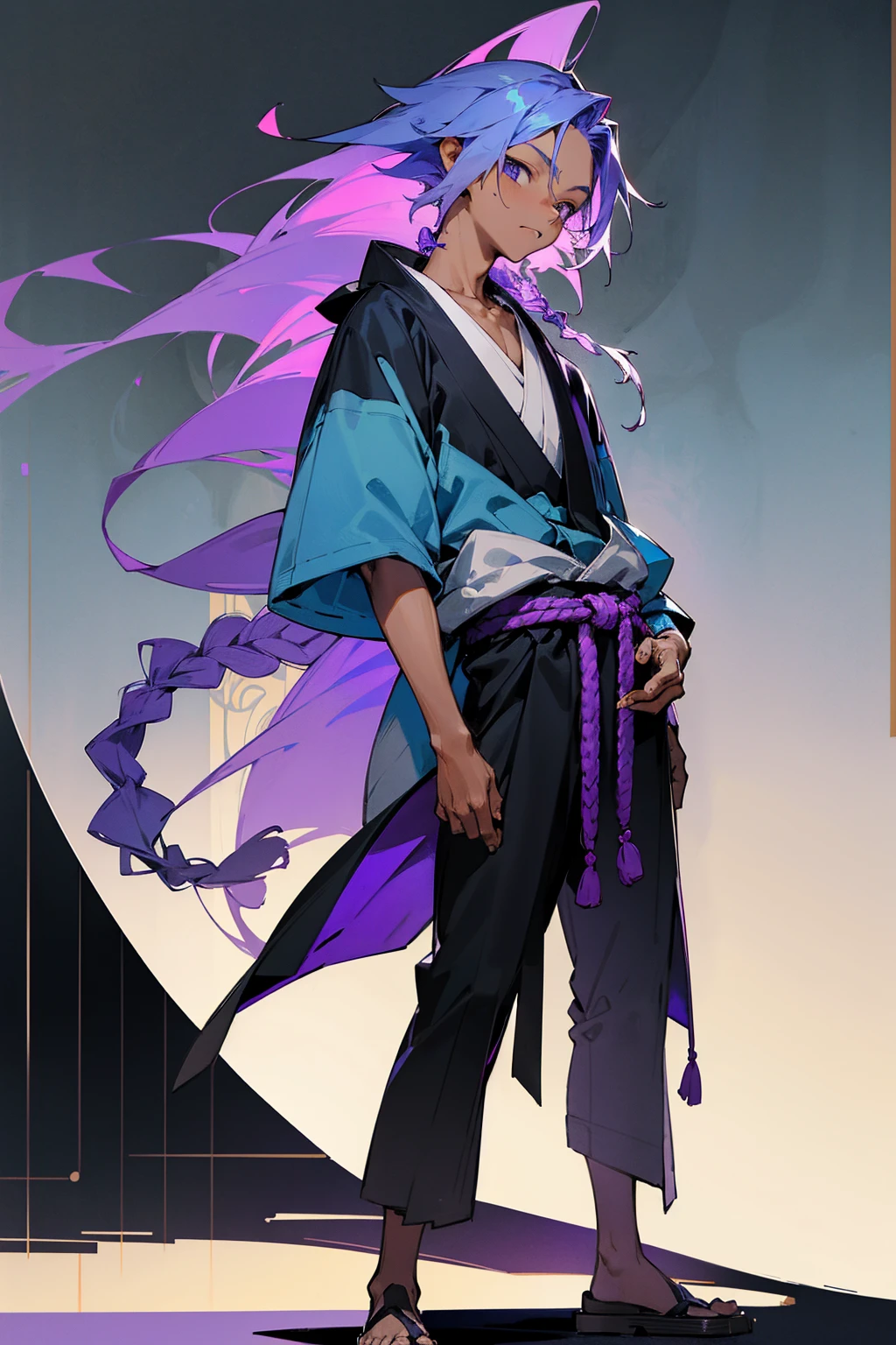 1male, tan skin, teenager, blind eyes, light blue hair, dark purple hair, half blue half purple hair, one braid in back, bored expression, open black and white ukata, old japanese background, , detailed background, detailed face, standing on path, hand to side
