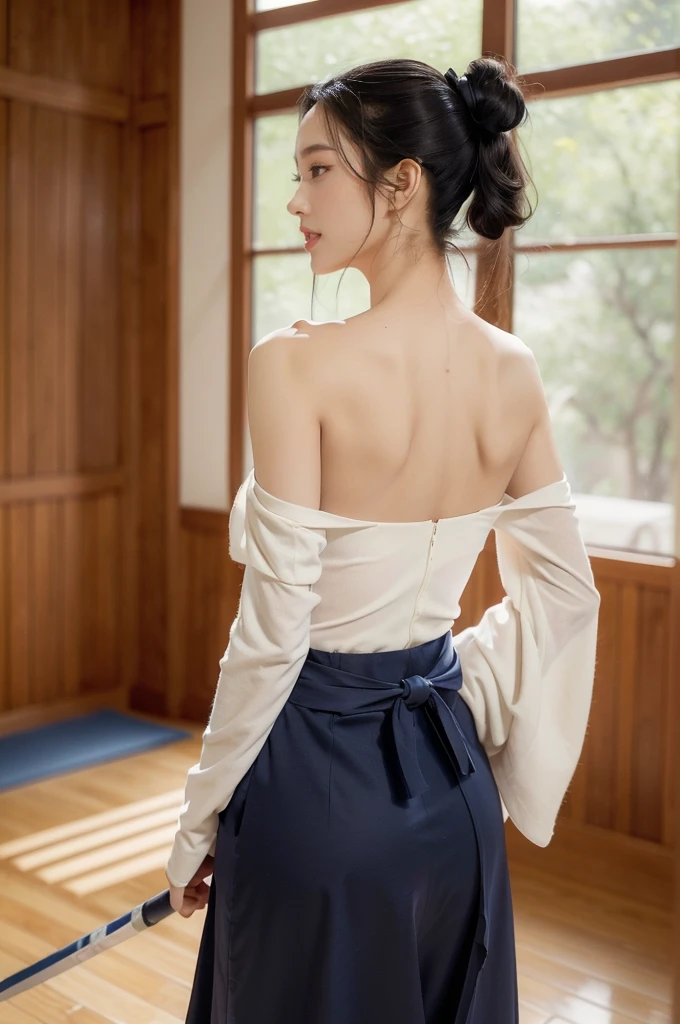 (((best quality))),(((ultra detailed))),(((masterpiece))),illustration,1girl,solo,short ponytail,slim,thin,((shoulder off,bare back,towering hips,butt crack)),white kendogi,three-quarter sleeves,maxi navy-blue kendo hakama,standing in kendo gym,(holding a bokuto in hand:1.3),arms behind back,focused and determined expression,ready for challenge,slender and elegant face,confident and resilient,fair skin,blush,neat teeth,bright smile,clean and tidy uniform,wooden gym floor,wall,pine scent,standard grip,ready to slice through obstacles,strong belief,determination,spirit of resilience,admiring,((from back,upper body))