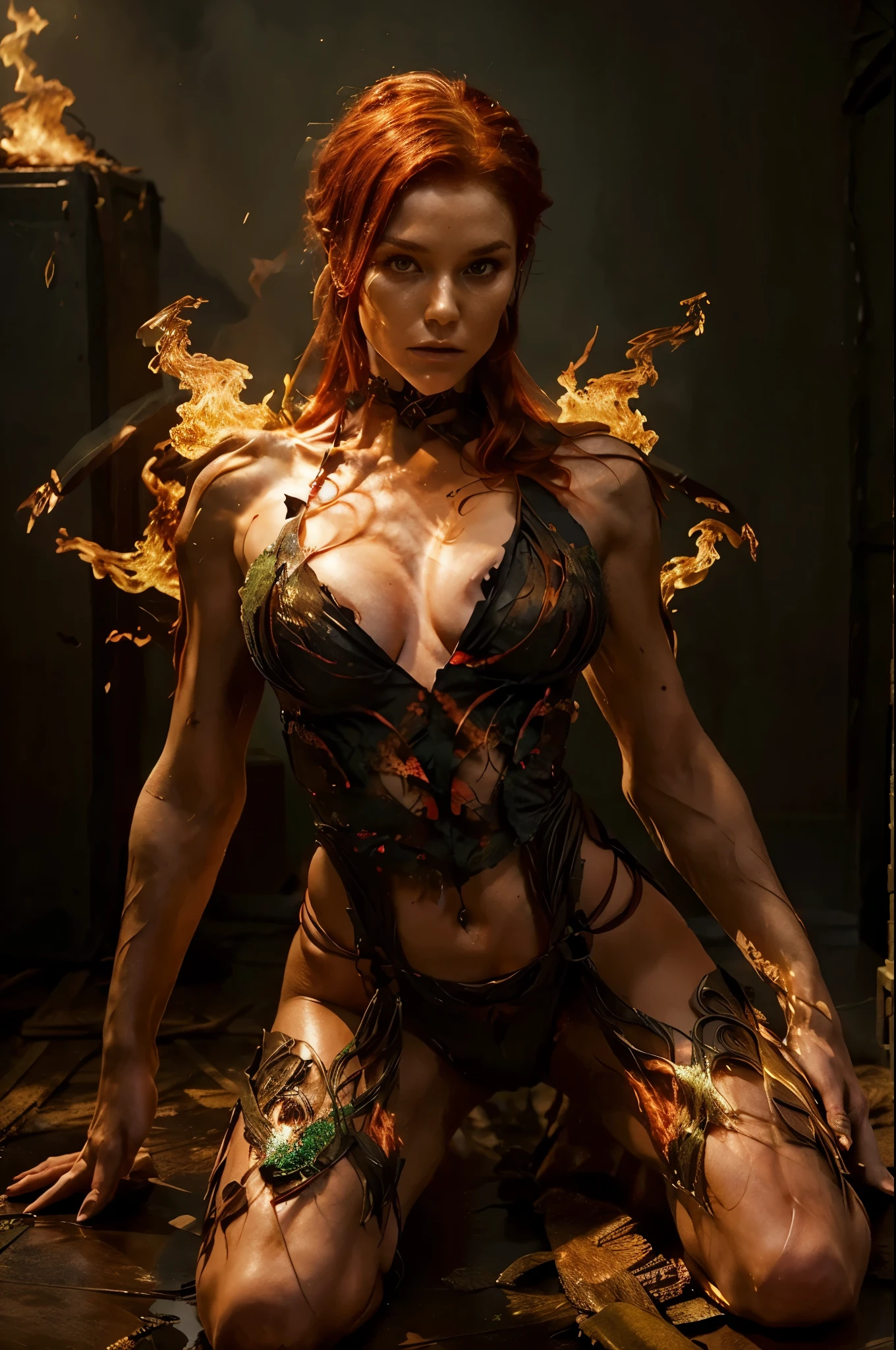 sfw, red hair, flames, smoke. dress