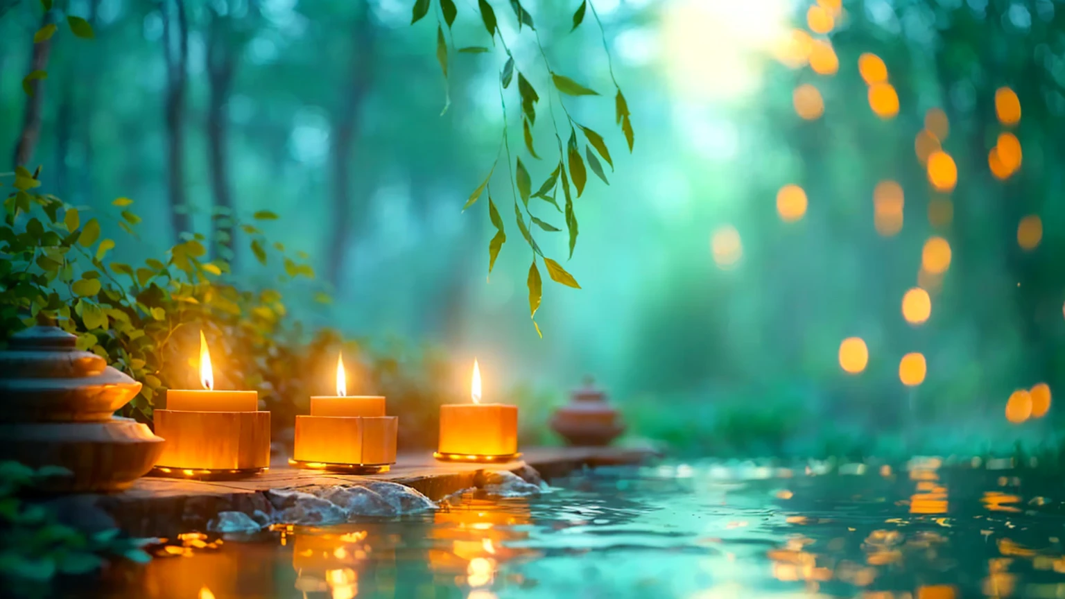 candles are lit in a pond of water with a tree in the background, floating candles, peaceful ambience, serene evening atmosphere, relaxing atmosphere, relaxing environment, glowing candles, serene lighting, lit candles, lit with candles, peaceful and serene, peaceful atmosphere, natural candle lighting, beautiful ambiance, relaxing mood, evening ambience, shutterstock, floating lights