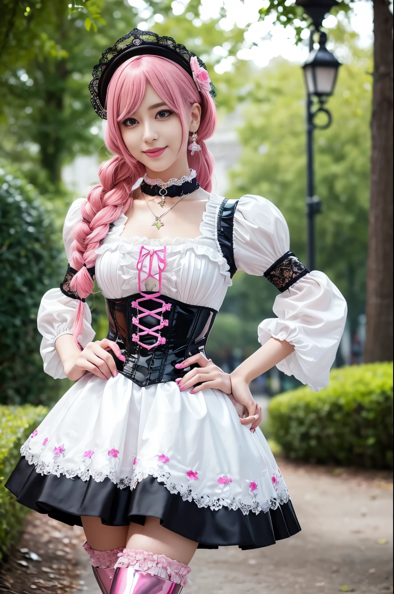 sexy stylish Swedish model, only 1 female, ((doll-like appearance)), long neon pink stylish hair, ((shiny Victorian-Style boots)), (happy smile), very detailed eyes, vivid eye makeup, lipgloss, long lashes, defined eyebrows, ((sexy Paradise Kiss cosplay)), bell-shaped skirt, petticoats, high neckline, puffed sleeves, (( ultra detailed lace)), ((ultra detailed embroidery)), intricate details, Paradise Kiss accessoires and matching headpiece, choker, ((large sparkling Paradise Kiss jewelry)), cinematic light, detailed large park background with trees