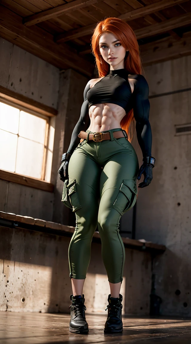(Muscular:1.9), (thick thighs:1.9),
(long hair:1.3) orange-red hair, green eyes, confident expression, pale skin,
eyeshadow,
detailed eyes, (cheeky smirk:1.4), detailed skin,
small breasts, hard nipples,
(black crop top, black gloves, brown belt, long sleeves:1.2), (green cargo pants:1.4),
(upper body view:1.7), looking at viewer, (three quarter view:1.3),
(high tech room), rim lighting, two tone lighting, dimly lit, bokeh