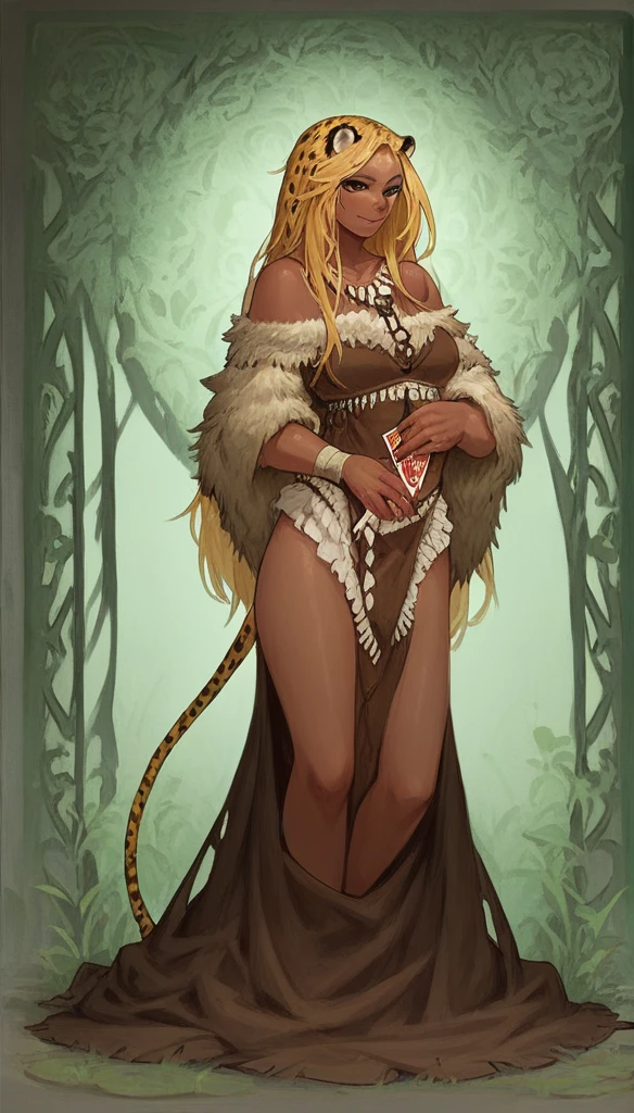 score_9, score_8_up, score_7_up, score_6_up, score_5_up, score_4_up, 
female, (cheetah tabaxi), long hair, dark_skin, dark_skinned_female, blonde hair, brown eyes, eyelashes, frills, tribal general outfit, light smile,
Full body standing painting, (((solo))), Simple line design, ((tarot card background, symmetric beauty)), perfectly symmetrical, The art of symmetry, Standing drawings of characters, ((flatcolors)), tmasterpiecetop Qualities qualtiy