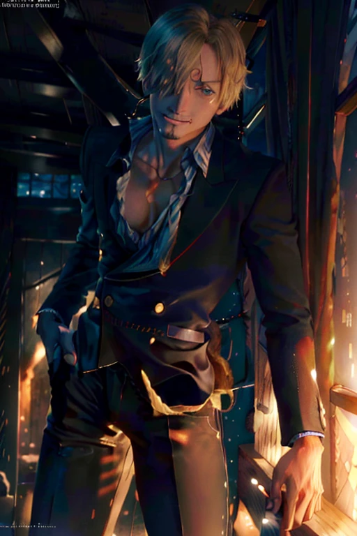 Anime, Sanji from One Piece, Sanji, short straight blonde hair covering half his face, curly eyebrow, Beautiful blue eyes, smirking, Smiling at the viewer, self assured expression, arrogant, dominant, powerful, commanding presence. Sanji Vinsmoke. Wearing black suit with jacket and shirt open. Lean muscular body, toned abs. High image quality, high res,  (highest quality, 4K, 8K, High resolution, masterpiece:1.2), Very detailed, and (Realistic, photoRealistic, photo-Realistic:1.37) rendering. To enhance the visual, Add HDR, 超High resolution, Studio Lighting, Ultra-fine painting, Sharp focus, physically-based rendering, Very detailed explanation, Professional, Vibrant colors,  Without any additional prefixes or punctuation、Directly provide stable diffusion Professional prompts. Handsome man, sexy, smoking, smoking a cigarette, full body image. NSFW, seductive pose, new, sanji2, illustration, 