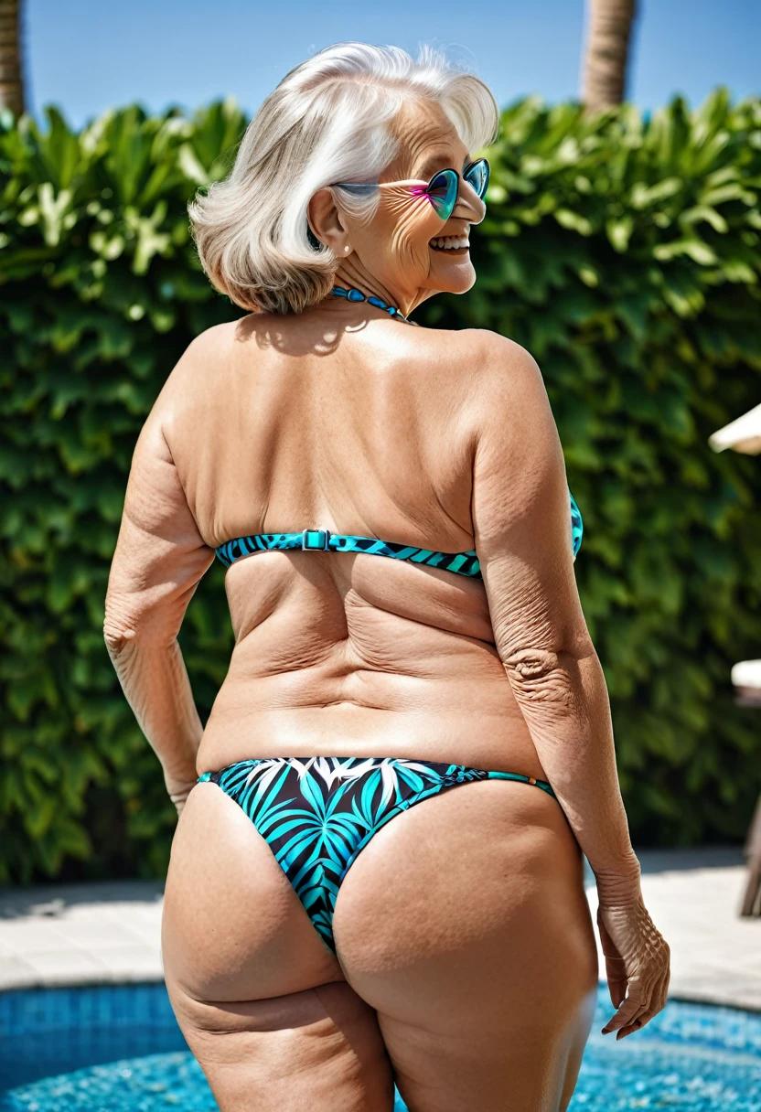 shot from behind, a German woman, 78 years old, sexy makeup, chubby body, wearing sexy fashionable bikini, smiling, beautiful hair.