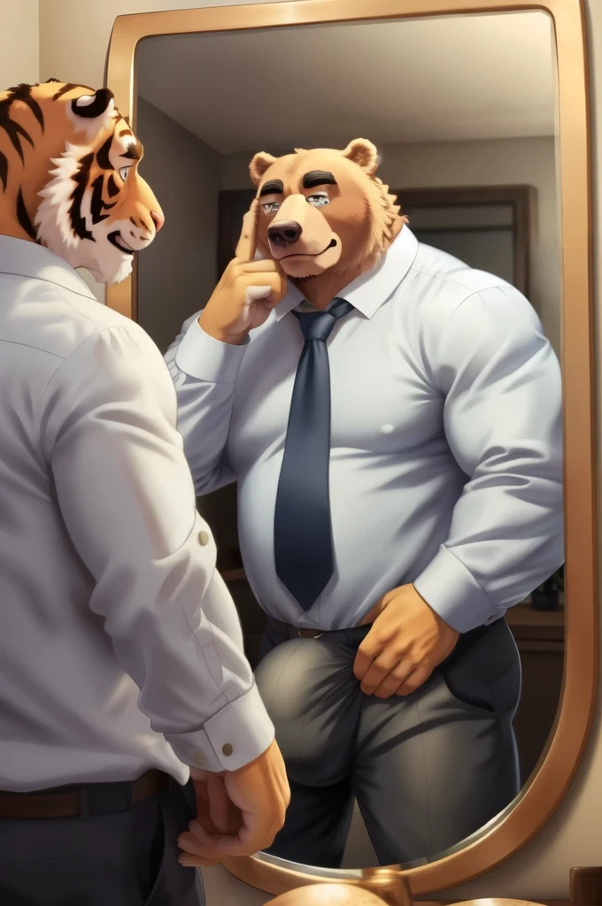 Author: bontiage, (1 boy), One, bear, big bulge crotch, boner, pants, long sleeve plain shirt, necktie, Men's Second, kemono, hot body, muscle, Beautiful, sexual, Attractive guy, (Detailed black eyes), brows, (masterpiece, A high resolution, Best quality), 4K, a male, Beautiful shadow, (red cheek:1.5), (large wall-mounted mirror), (reflection is in the mirror:1.4), (in front of mirror), (facing the mirror), (looking the mirror), (from behind:1.5)
