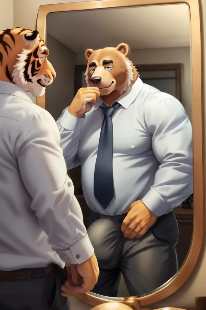 Author: bontiage, (1 boy), One, bear, big bulge crotch, boner, pants, long sleeve plain shirt, necktie, Men's Second, kemono, hot body, muscle, Beautiful, sexual, Attractive guy, (Detailed black eyes), brows, (masterpiece, A high resolution, Best quality), 4K, a male, Beautiful shadow, (red cheek:1.5), (large wall-mounted mirror),  (reflection is in the mirror:1.4), (in front of mirror), (facing the mirror), (looking the mirror), (from behind:1.5)