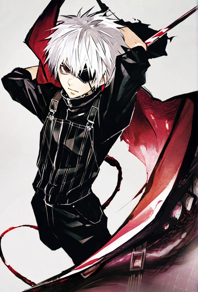 ```
ken kaneki, Tokyo Ghoul, white hair, black outfit, eyepatch, half-ghoul, serious expression, red kakugan eye, kagune tentacles, detailed face, high quality、Overall view、Uplifting、Cold-like sensation、Acrobatic

```