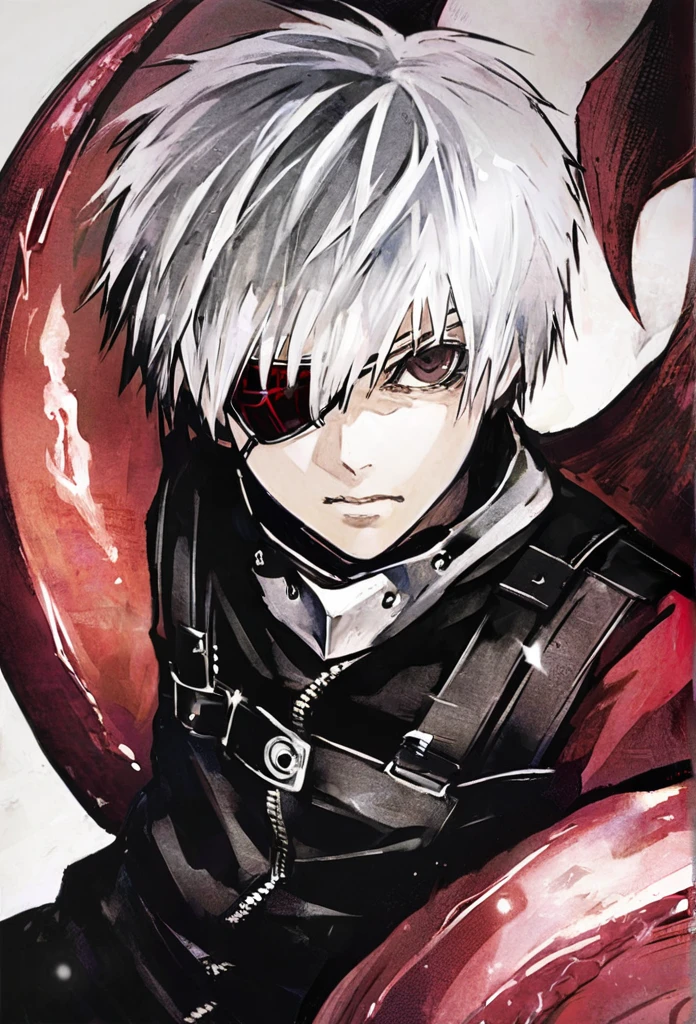 ```
ken kaneki, Tokyo Ghoul, white hair, black outfit, eyepatch, half-ghoul, serious expression, red kakugan eye, kagune tentacles, detailed face, high quality、Overall view、Uplifting、Cold-like sensation、Acrobatic
```