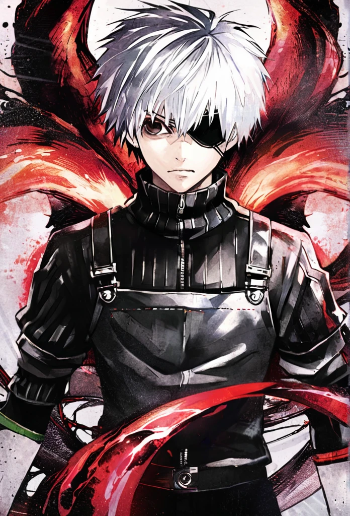 ```
ken kaneki, Tokyo Ghoul, white hair, black outfit, eyepatch, half-ghoul, serious expression, red kakugan eye, kagune tentacles, detailed face, high quality、Overall view、Uplifting、Cold-like sensation、Acrobatic
```