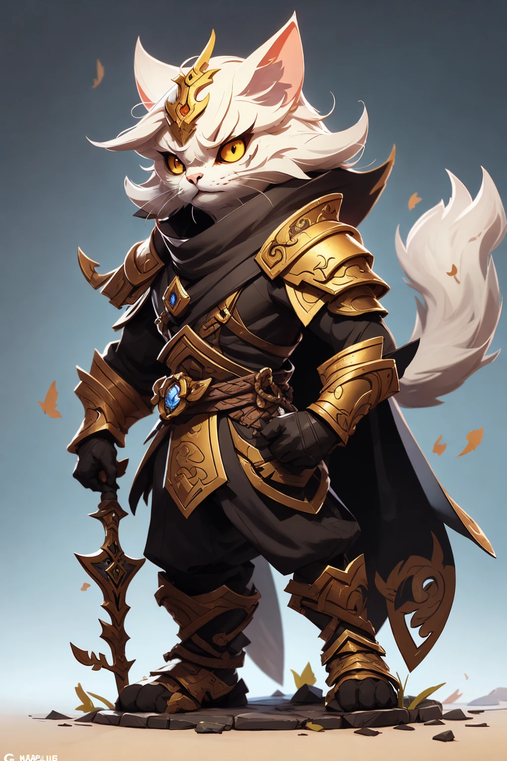 a cat warrior character, inspired by Lü Bu, full body, chibi, advanced digital chibi art, g liulian art style, maplestory mouse, bian lian, chibi art, league of legends art style, character art of maple story, ((view at the viewer))