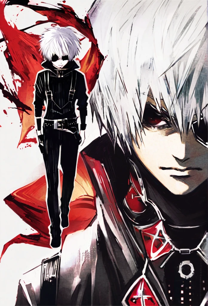 ```
ken kaneki, Tokyo Ghoul, white hair, black outfit, eyepatch, half-ghoul, serious expression, red kakugan eye, kagune tentacles, detailed face, high quality、Overall view、Uplifting、Cold-like sensation、Acrobatic

```