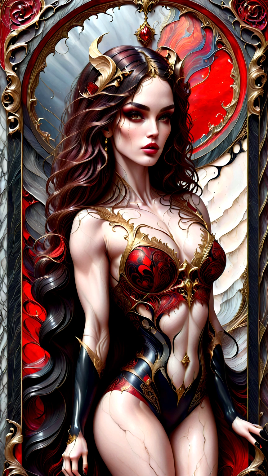 a beautiful illustration of megan fox as a very muscular vampire girl in an abstract marble texture with a tarot style frame, with colors of obsidian black, shiny gold, and ruby red, highly detailed, intricate design, BY Anne Bachelier,