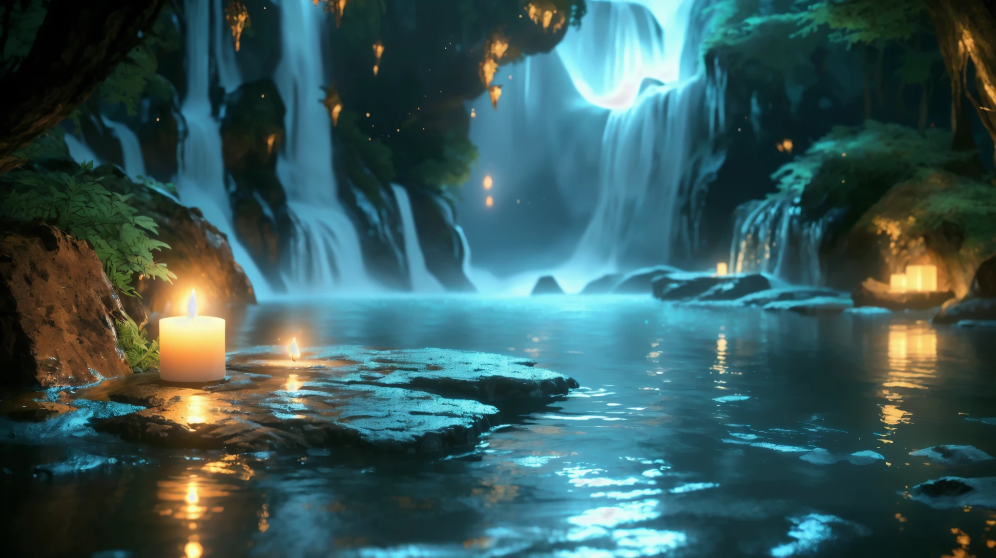 Close-up of a waterfall with a lit candle in the water, mystical forest lagoon, Fantasy style 8k octane rendering, Unreal Engine Fantasy Art, Background artwork, Unreal Engine 4K Wallpaper, Water Everware Fantasy, Highly Detailed 4K HD Wallpapers, A close-up fantasy using the magic of water, Close-up cinematic underwater scenes, Magical Environment, Highly detailed digital art in 4K