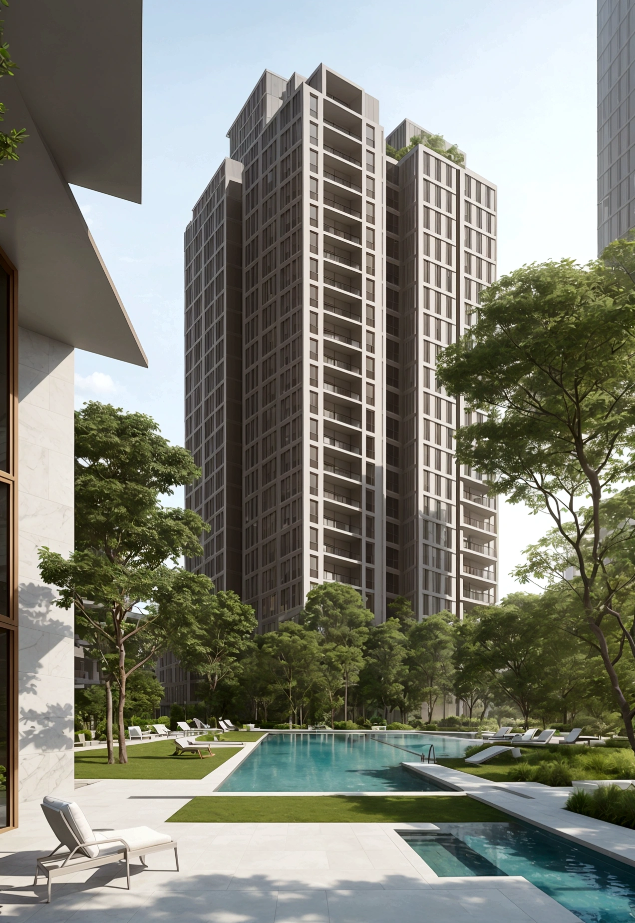 Highest quality、High-quality photos、Luxury Condominium、Pool、courtyard、garden、Luxury furniture、Luxurious furnishings、8K,telescope lens、Portrait image