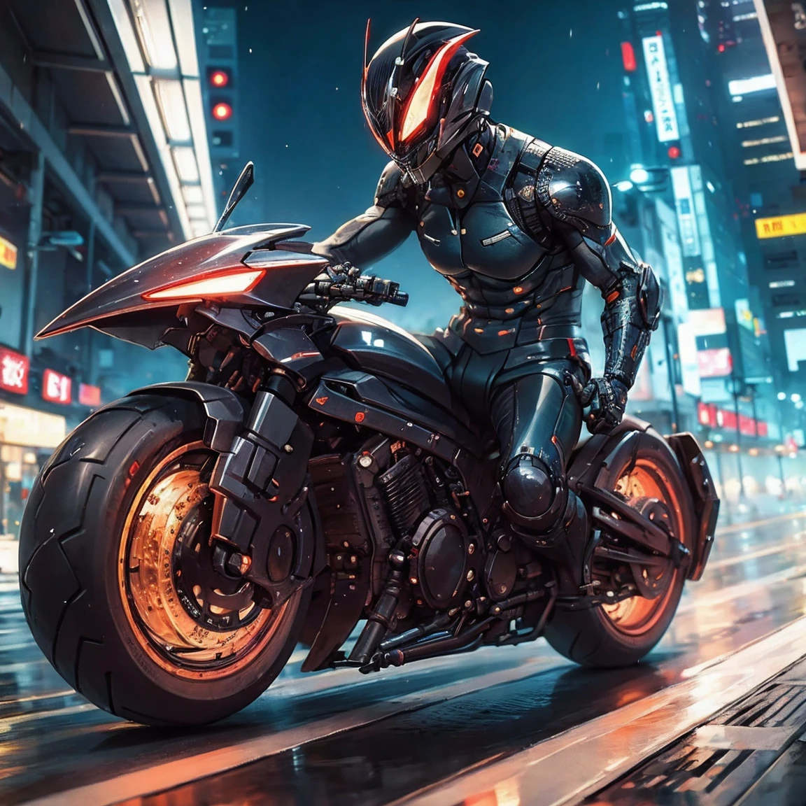 xuer future motorcycle, (riding a motorcycle, in futuristic outfit:1.2), amazing quality, (masterpiece), (high quality), 8K, high resolution, extremely detailed, photorealistic, Kamen_Rider_Black_RX, mechanical armor, dynamic, action-packed, detailed character design, 1man, futuristic clothing, (extremely detailed background:1.3), ((nighttime, darkness, low light pollution)), side view,