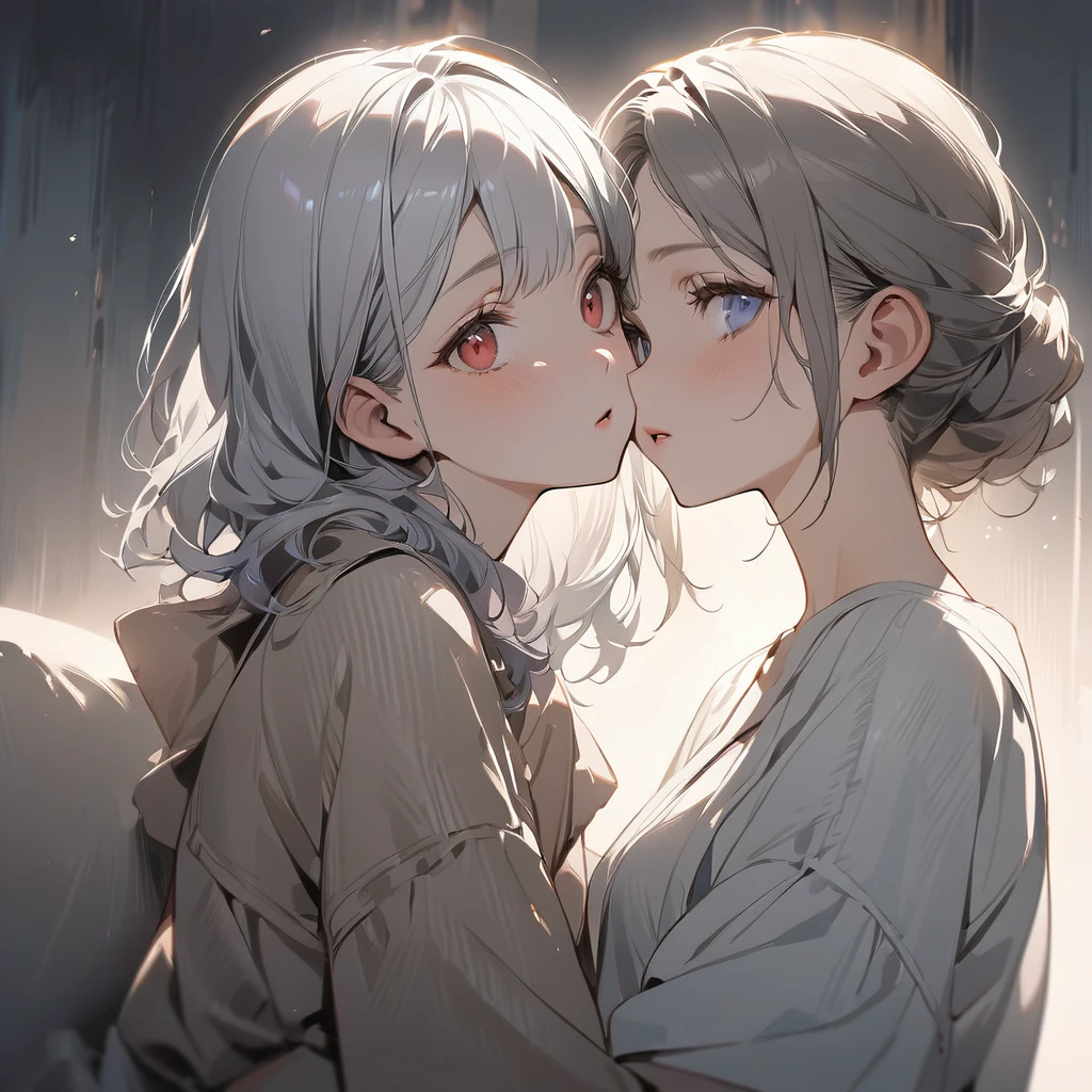 (Cute two girls:1.5),
(masterpiece:1.3), anime visual, (tilt head:1.3), extremely delicate face, realistic lighting and shading, (an extremely delicate and beautiful art:1.3), (muted colors:1.1),BREAK,one girl with pale-purple wavy blunt hair and red eyes,other girl with pale-silver hair and blue eyes,one girl is hugging the other girl from behind,one girl kisses her nape while looking at the other girl,the other girl opens her mouth and looks at viewer,