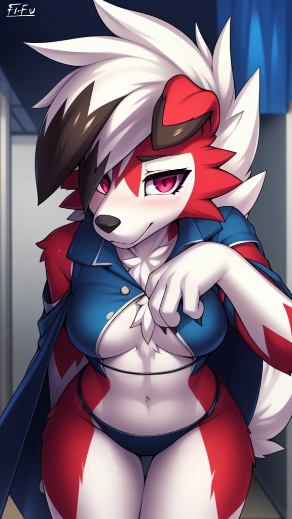 By zinfyu,by twistedscarlet60, uploaded on pixiv, by fluff-kevlar, (masterpiece), (best quality), (solo female:1.2), (extremely detailed:1.3),(detailed eye,black circle on eye,pink eye), lycanroc midnight, view on viewer, close view, shy face, half body on potrait, only body and head, close view, wearing doctor cloak, doctor costume, white uniform,hospital logo, hospital logo on uniforn, cosplaying,out side hospital, Hospital, (tail:1.1), closeup photo of lycanroc, adult body posture, 