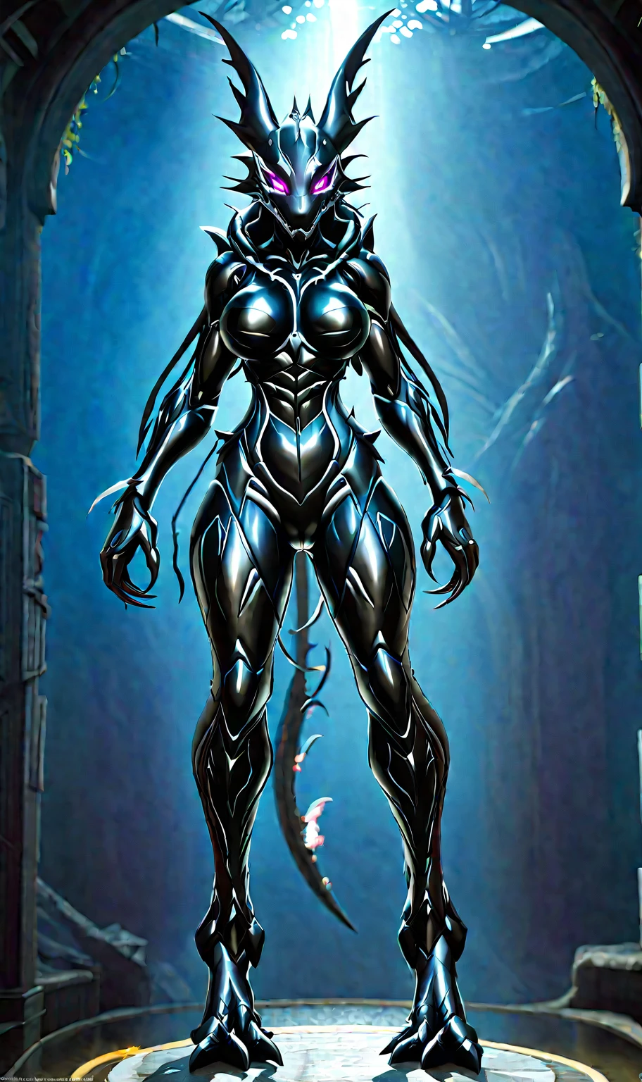 Full-body concept art, 1 woman, A biologically fused woman, A figure fused with a dragon, witch blade motivism, evil fall, symbiote, full body suit, enemy woman, bio full skin suit, high image quality, real, high detail, 16K, black gloves, fortified suit, glossy, digimon, goddess, mature female, mistress, fox mask, masterpiece, 