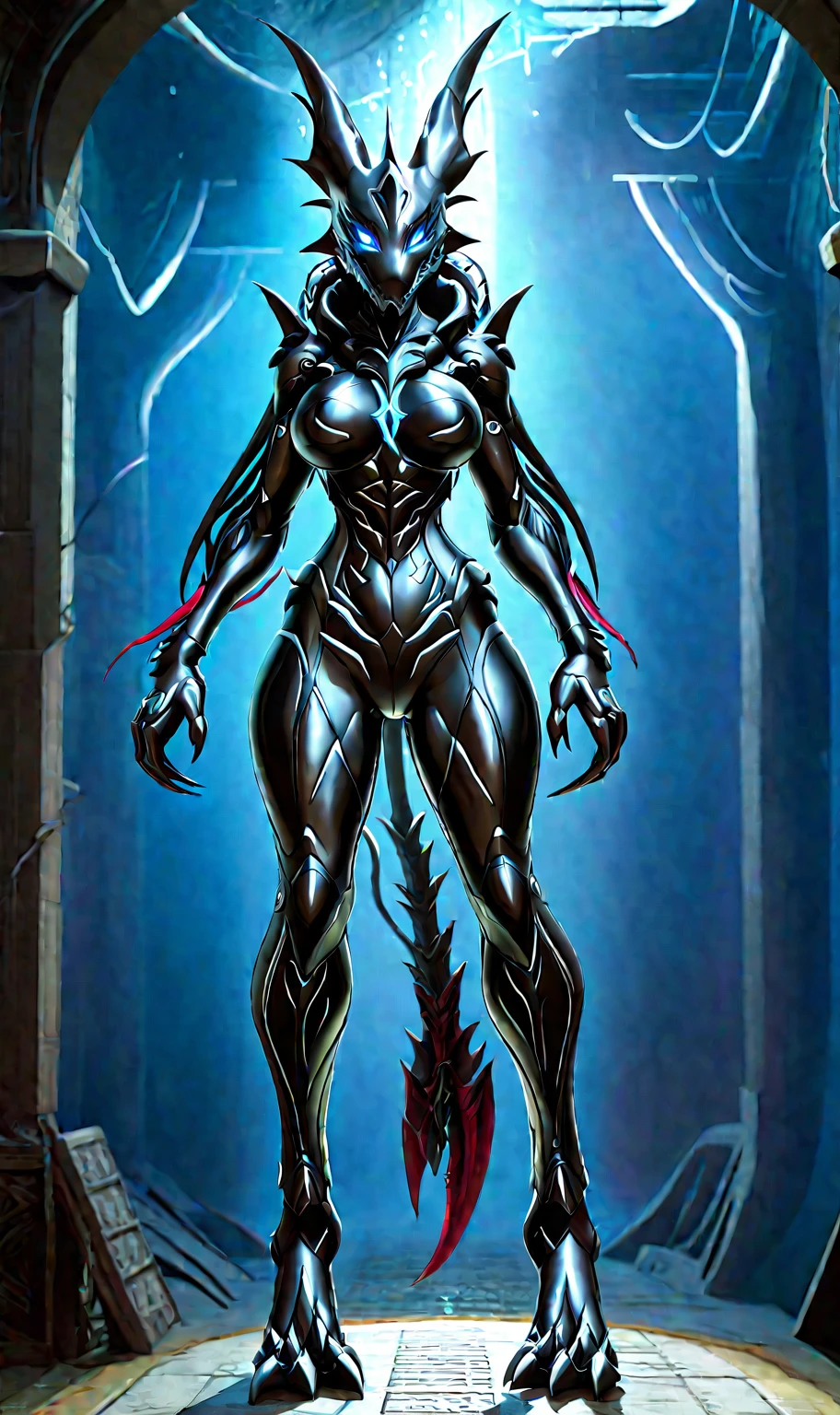 Full-body concept art, 1 woman, A biologically fused woman, A figure fused with a dragon, witch blade motivism, evil fall, symbiote, full body suit, enemy woman, bio full skin suit, high image quality, real, high detail, 16K, black gloves, fortified suit, glossy, digimon, goddess, mature female, mistress, fox mask, masterpiece, 