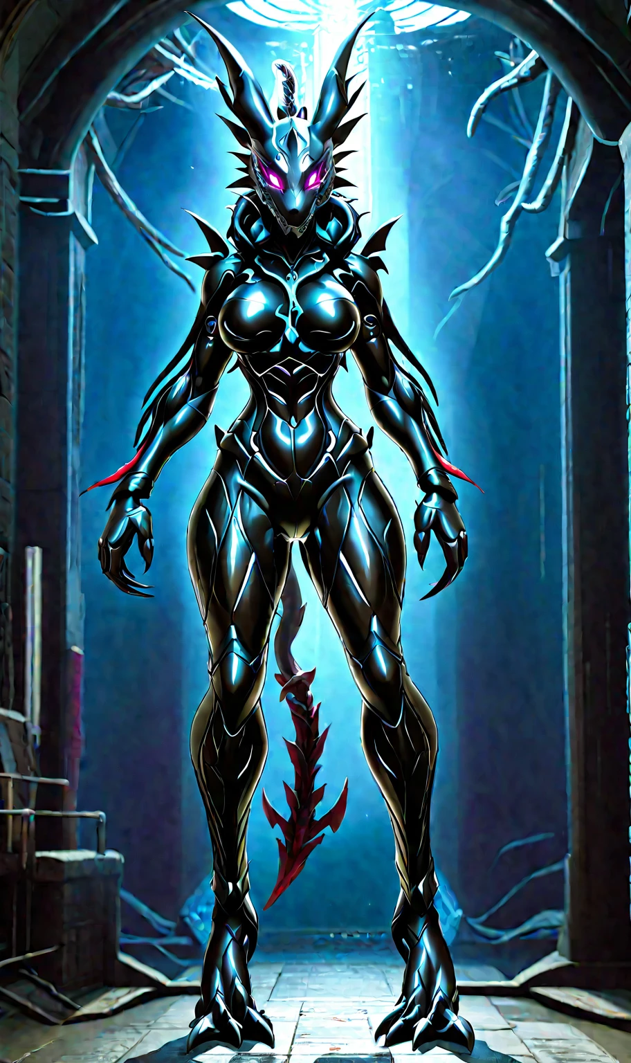 Full-body concept art, 1 woman, A biologically fused woman, A figure fused with a dragon, witch blade motivism, evil fall, symbiote, full body suit, enemy woman, bio full skin suit, high image quality, real, high detail, 16K, black gloves, fortified suit, glossy, digimon, goddess, mature female, mistress, fox mask, masterpiece, 