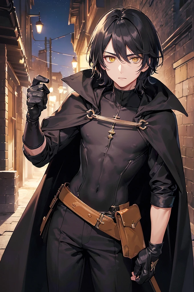(masterpiece; best quality: 1.2), (finely detailed eyes: 1.3), ((25 year old man)), ((solo)), (yellow eyes: 1.4), (body; lithe, lean, slender: 1.3), (very short black hair: 1.3), (beautiful and clear background: 1.2), ((depth of field)), (clothes: black assassin attire + black high-neck tunic + black pants + black gloves + black cloak + belts + traveler pouches and satchel: 1.3), (anime illustration: 1.2), (background; medieval slums alleyway + night: 1.1), (extremely fine and handsome: 1.1), (shot composition; standing + centered on torso + close-up: 1.5), (expression; calm, stoic: 1.2)