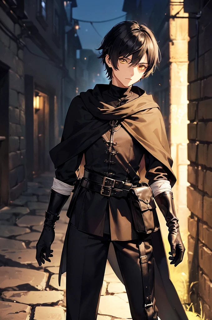 (masterpiece; best quality: 1.2), (finely detailed eyes: 1.3), ((25 year old man)), ((solo)), (yellow eyes: 1.4), (body; lithe, lean, slender: 1.3), (very short black hair: 1.3), (beautiful and clear background: 1.2), ((depth of field)), (clothes: black assassin attire + black high-neck tunic + black pants + black gloves + black cloak + belts + traveler pouches and satchel: 1.3), (anime illustration: 1.2), (background; medieval slums alleyway + night: 1.1), (extremely fine and handsome: 1.1), (shot composition; standing + centered on torso + close-up: 1.5), (expression; calm, stoic: 1.2)