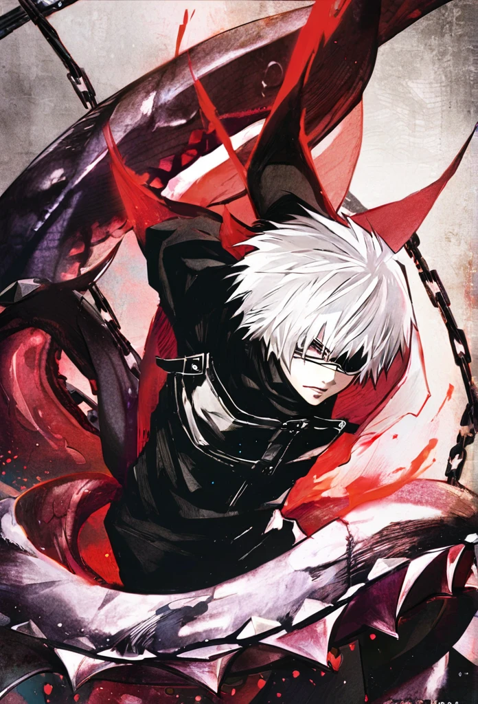 ```
ken kaneki, Tokyo Ghoul, white hair, black outfit, eyepatch, half-ghoul, serious expression, red kakugan eye, kagune tentacles, detailed face, high quality、Overall view、Uplifting、Cold-like sensation、Acrobatic
```