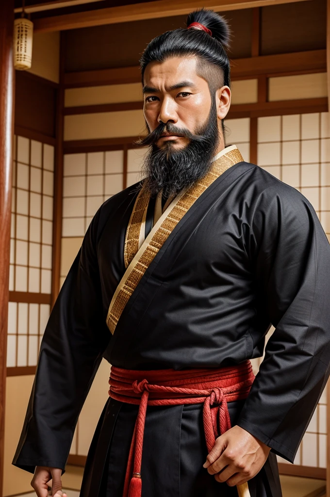 A japanese warrior with big beard with a jata sharp jawline wearing japanese traditional clothes .looks old