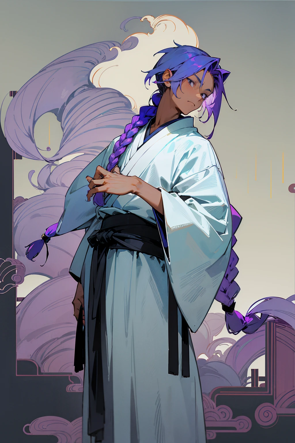 1male, tan skin, teenager, blind eyes, light blue hair, dark purple hair, half blue half purple hair, one braid in back, bored expression, open black and white ukata, old japanese background, , detailed background, detailed face, standing on path, hand to side