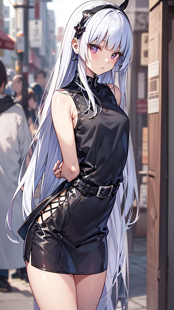 masterpiece, best quality, absurd, Perfect anatomical structure, 1 Girl, Solitary, Silver dark grey long hair, Cropped Jacket, belt, Cowboy shooting, permanent, Smile, (Arms behind your back:1.5),(Lean forward:1.25),(Perfect eyes:1.5), Heterochromia, Red Eyes, Gray eyes, leather, Diamond Lace, Black punk,Pale skin Jifa