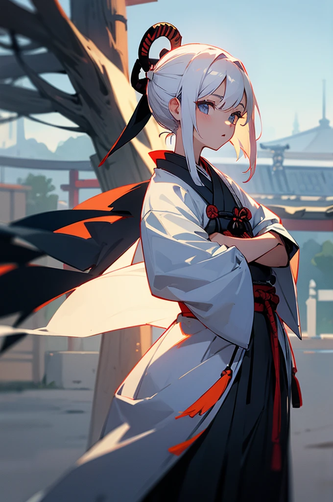 Teen , Female, samurai Clothing, Standing pose, Town background, White hair