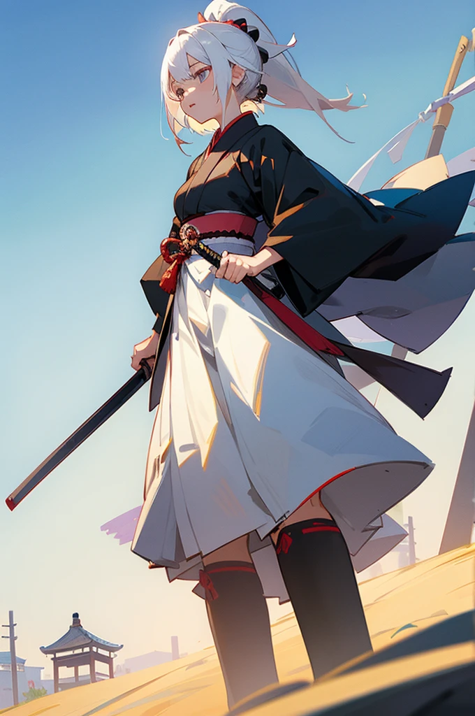 , Female, samurai Clothing, Standing pose, Town background, White hair