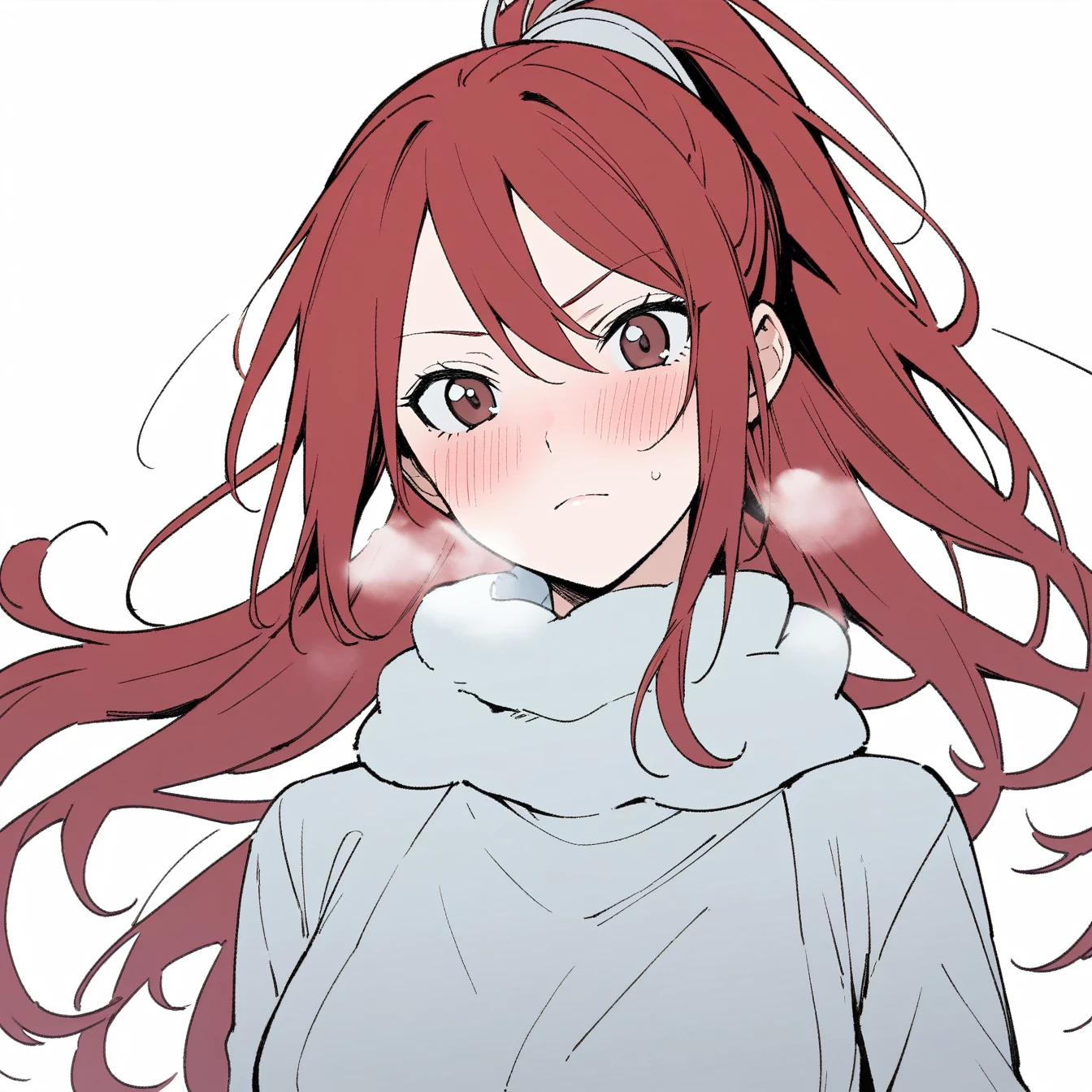 1 Girl,Erza Scarlet，FAIRY TAIL，Solitary, Viewers, Pure white background，blush, Brown eyes,breathe, avatar，Half Body，Comic style without color，angle, masterpiece, best quality，