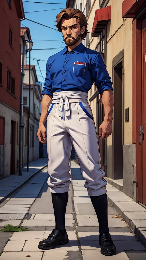 janitor man old Russian street full-length arms placed in different directions T-pose