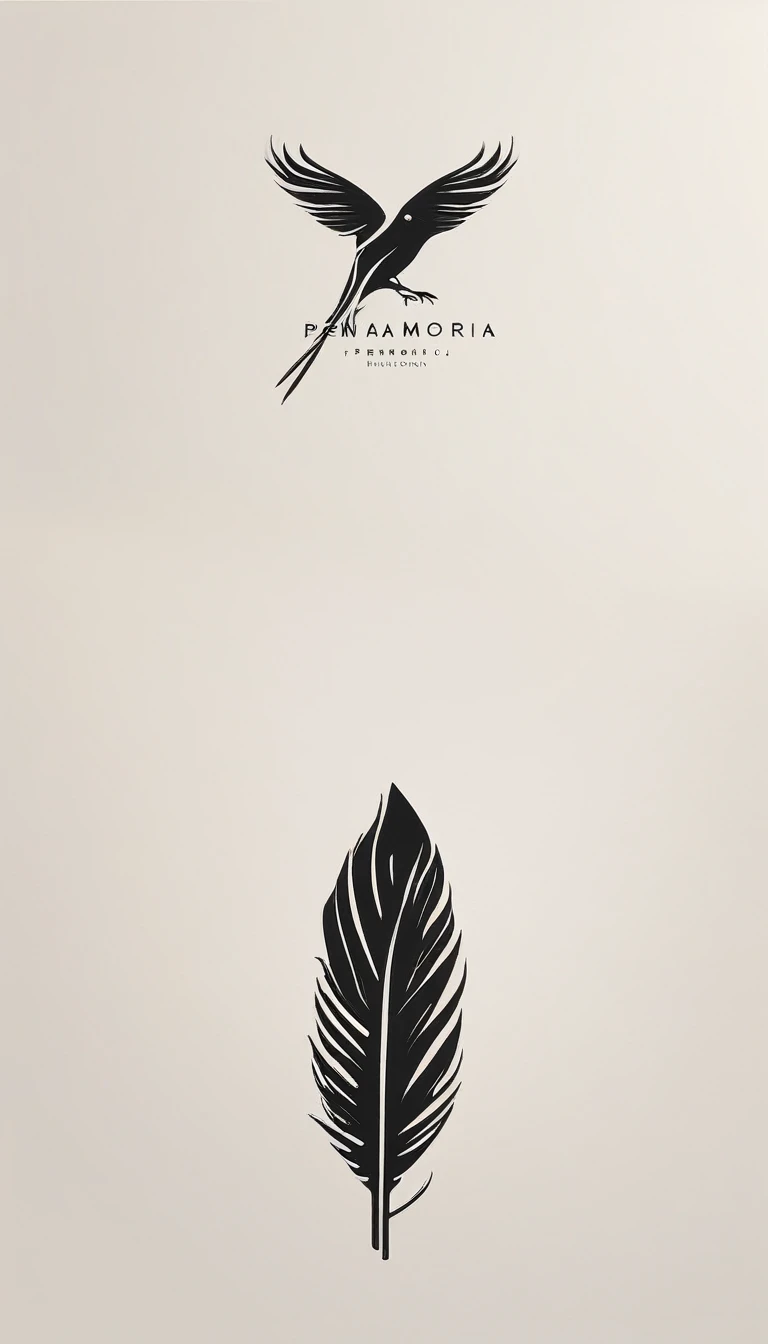 A minimal, modern, simple, cinematic logo design for the brand “Penamemoria". Create a modern, minimalistic, high-quality, logo of a bird feather
