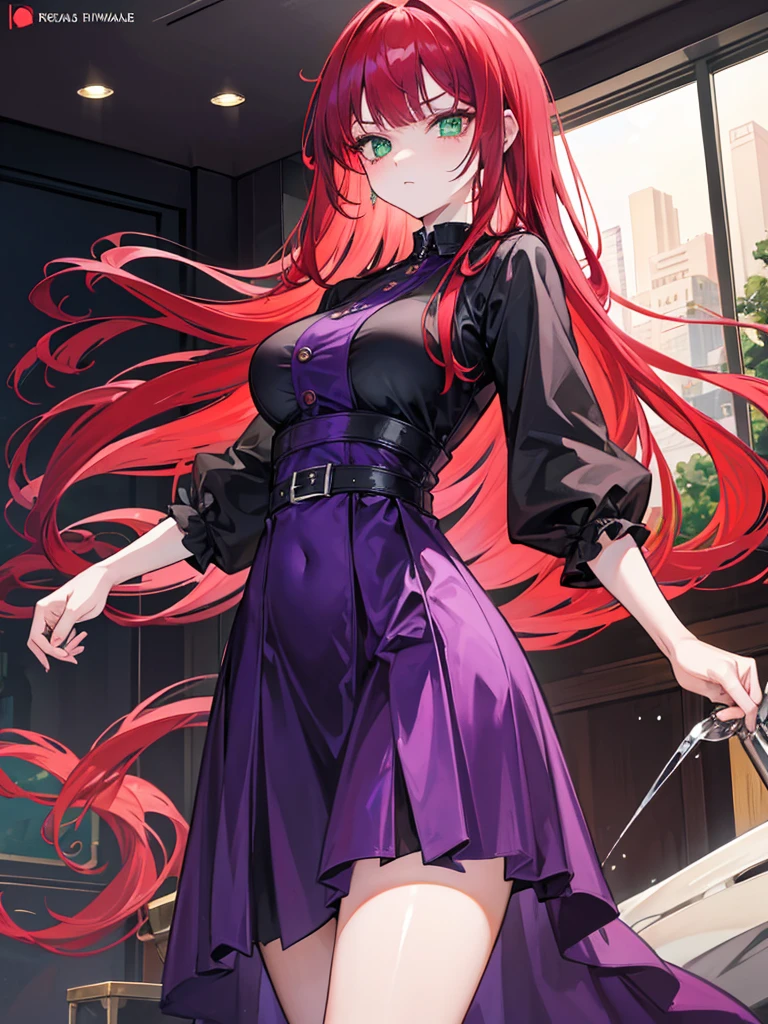 woman, green eyes, long red hair, bangs. she hair wavy. wear purple black dress, arrogant, independent woman, thug. bad girl. intimidating women. background in luxury mansion.